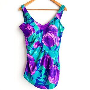 Vintage Blue Surf Floral Teal Purple One Piece  Modest Swimsuit 42/L